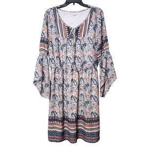 EST.‎ 1946 Women's Dress 14/16W Blue Coral Paisley Print Bell Sleeve Tie Neck